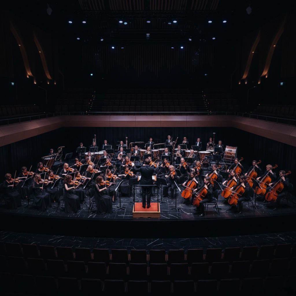 A conductor leads a full orchestra on a stage in a large, dimly lit concert hall.